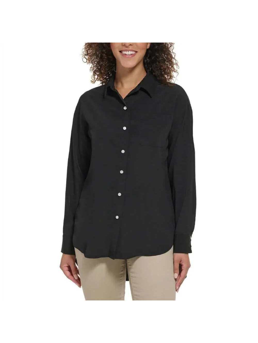 NWT Karl Lagerfield Paris Womens Button Down Collared Shirt Top Black L